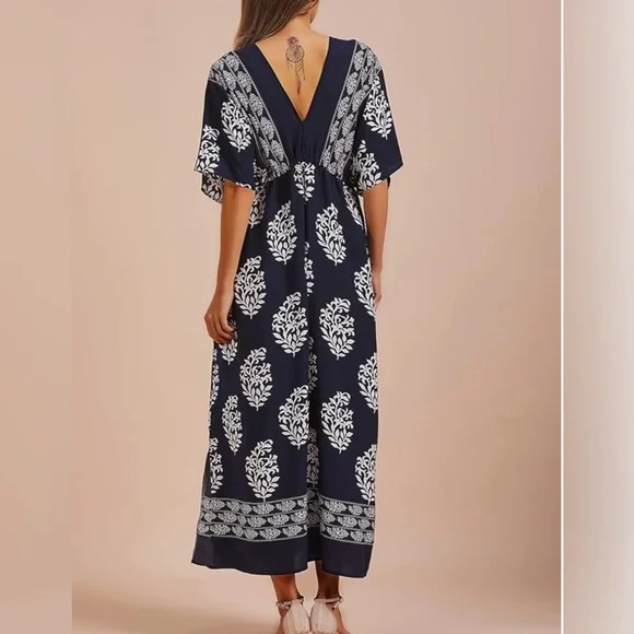 Kaftan Dress V Neck Swimsuit Cover Up Caftan Loungewear Beach Coverup Leaf Print - Picture 3 of 3